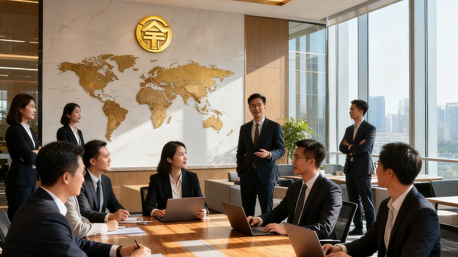 广东会贵宾厅集团广州总部办公室内，十几位身着职业装的团队成员正在开放式会议区讨论全球资产配置策略，背景墙上挂着世界地图和集团金色标志，阳光透过落地窗洒在原木色桌面上