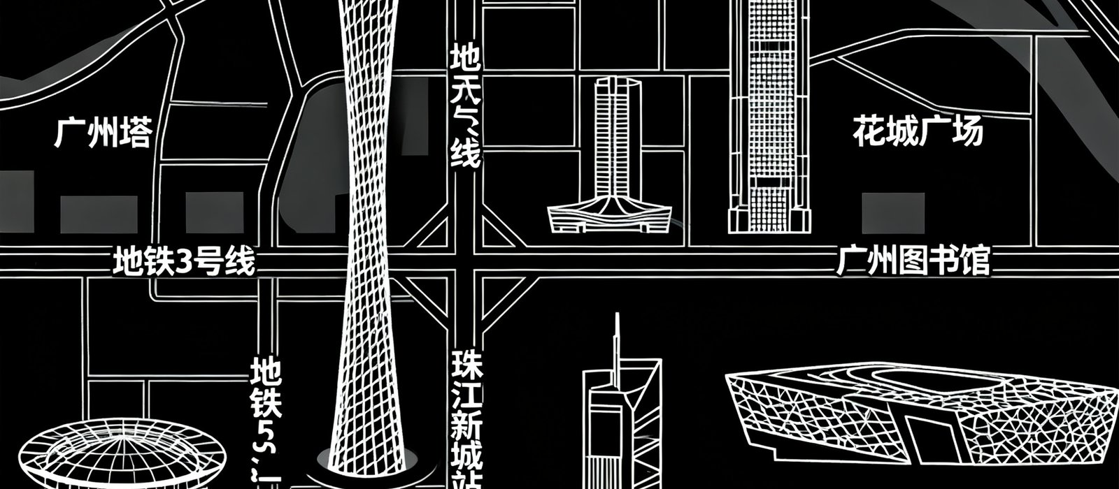 一张简化的广州市天河区珠江新城地图，标注了富力盈凯广场的位置（华夏路16号），周边可见广州塔、花城广场、广州图书馆等标志性建筑，地铁3号线和5号线交汇的珠江新城站也在图中清晰可见