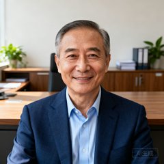 一位五十岁左右的企业家陈先生正面免冠照片，他穿着深蓝色西装搭配浅蓝色衬衫，面带微笑，眼神坚定而温和，背景是简洁的办公室环境