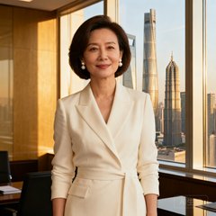 一位四十岁出头的女性投资人李女士，她留着干练的短发，身穿米白色职业套装，佩戴简约的珍珠耳环，神情自信从容，背景是上海陆家嘴的办公室窗景